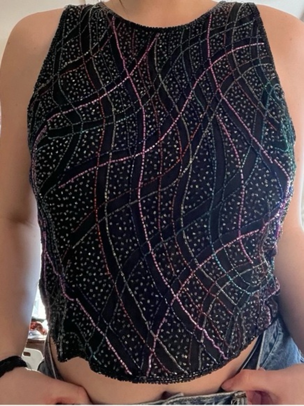 Laurence Kazar black silk blouse hand-beaded wavy patterns in colorful sequins